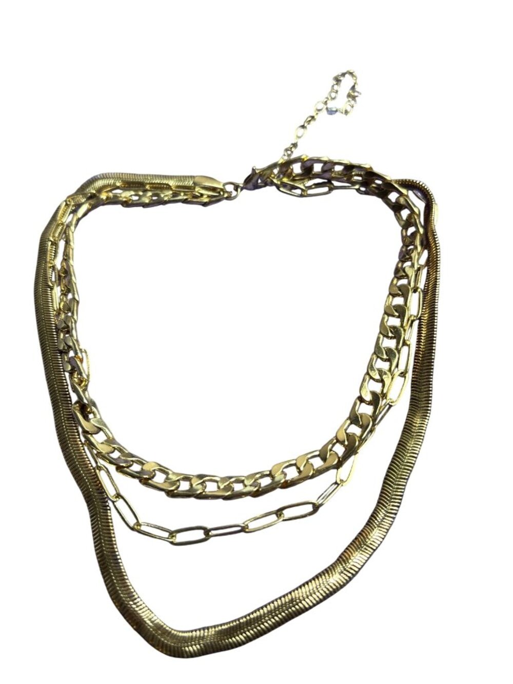 Goldtone 3 Strand Necklace Cuban Link Paperclip Herringbone